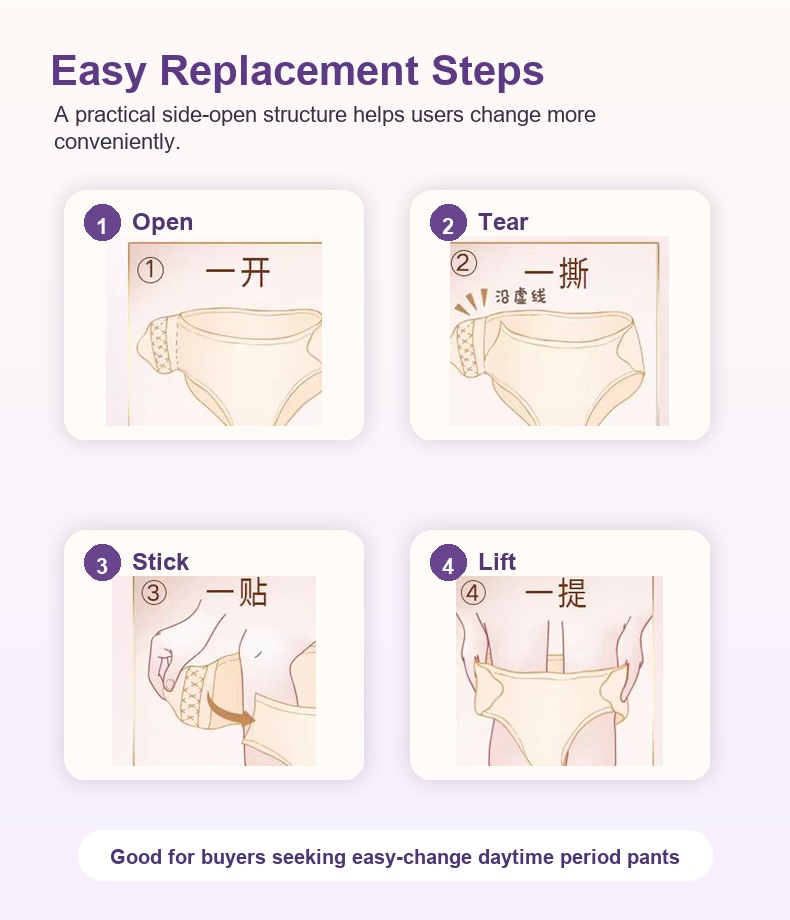 Side-open disposable menstrual pants easy change steps for buyer review