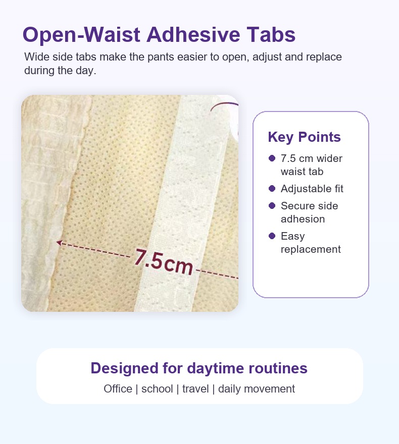 Side-open period pants adhesive tabs for sampling review