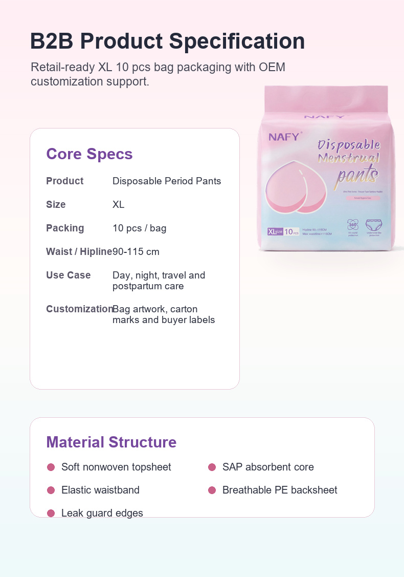 Private label period pants line sheet with packaging and pack count review