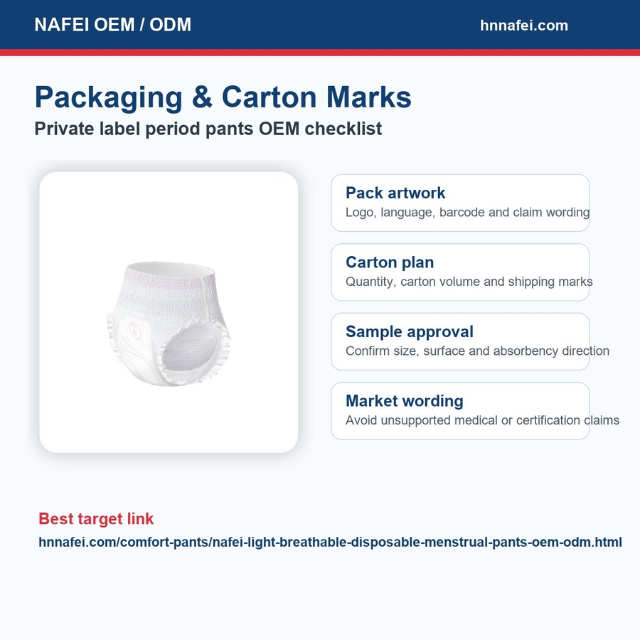 Disposable menstrual pants carton mark and packaging review image for private label buyers