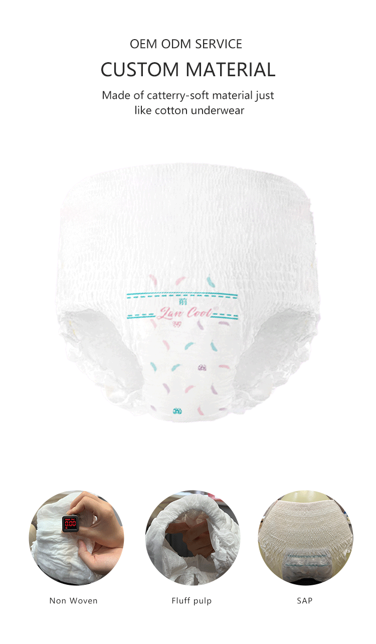Disposable menstrual pants construction material showing nonwoven fluff pulp and SAP